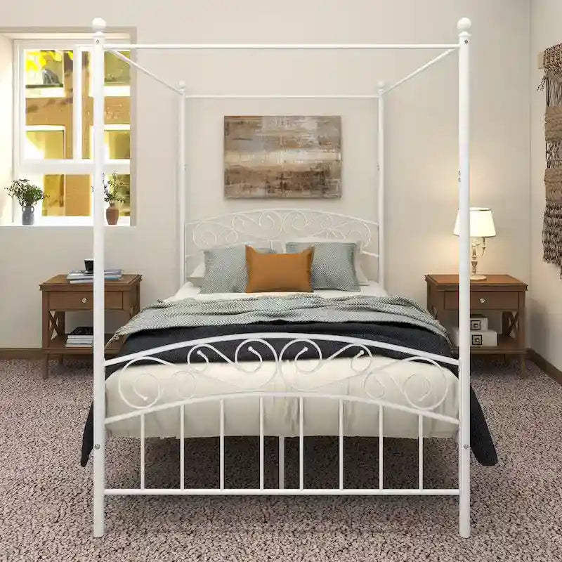 Cadre de lit baldaquin en métal avec tête et pied de lit de style européen orné, acier robuste, convient à votre matelas, montage facile.