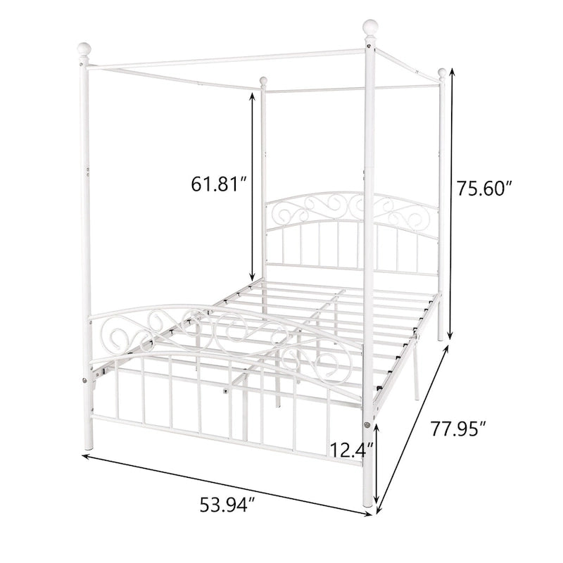 Cadre de lit baldaquin en métal avec tête et pied de lit de style européen orné, acier robuste, convient à votre matelas, montage facile.