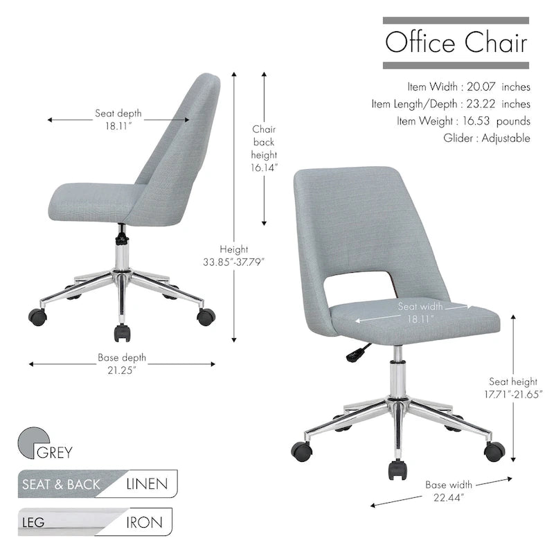 Chaise de bureau Kimora, revêtement en lin, roulettes
