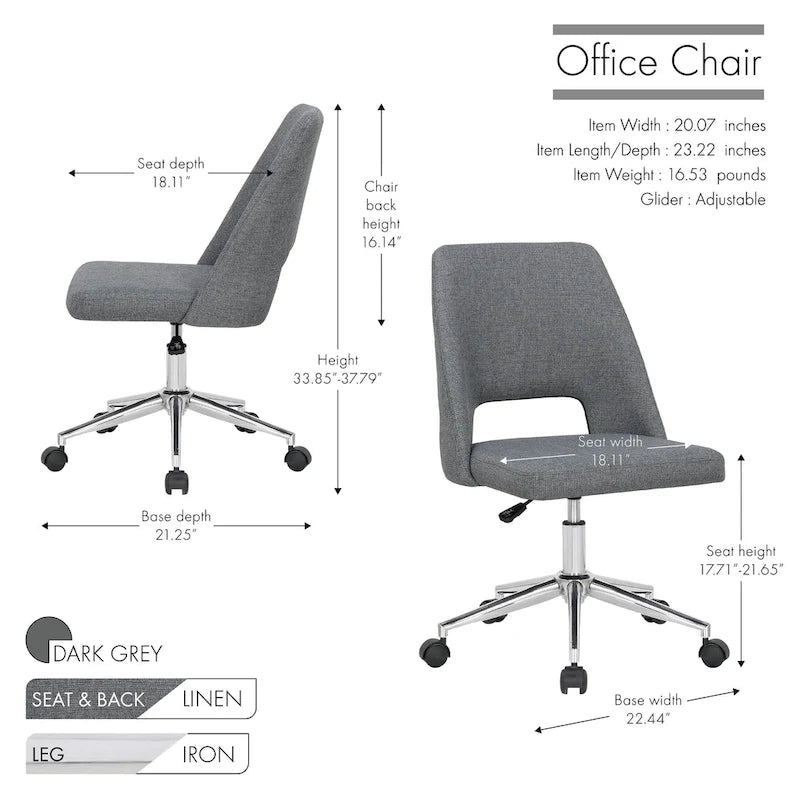 Chaise de bureau Kimora, revêtement en lin, roulettes