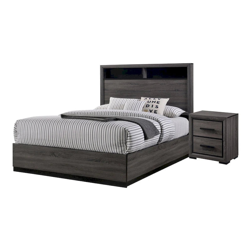 Ensemble de chambre à coucher 2 pièces Rothwell Contemporary gris et bois avec étagères par