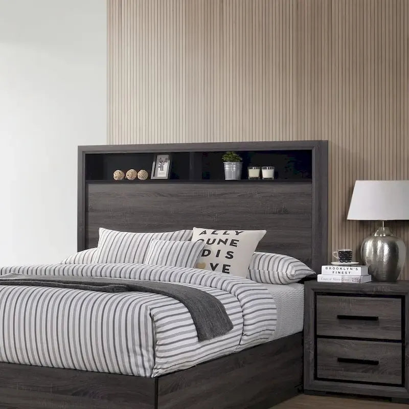 Ensemble de chambre à coucher 2 pièces Rothwell Contemporary gris et bois avec étagères par