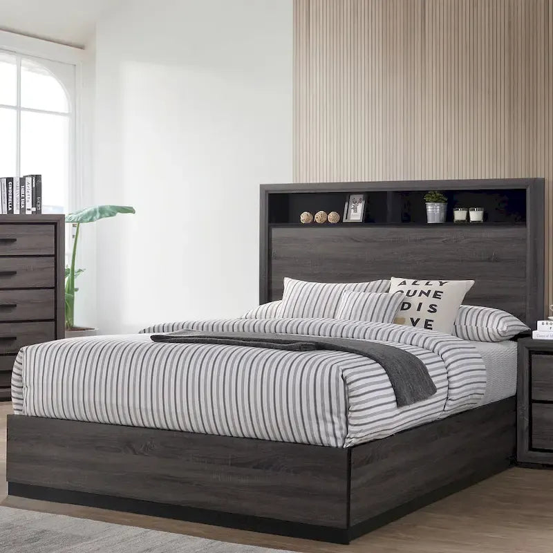 Ensemble de chambre à coucher 2 pièces Rothwell Contemporary gris et bois avec étagères par