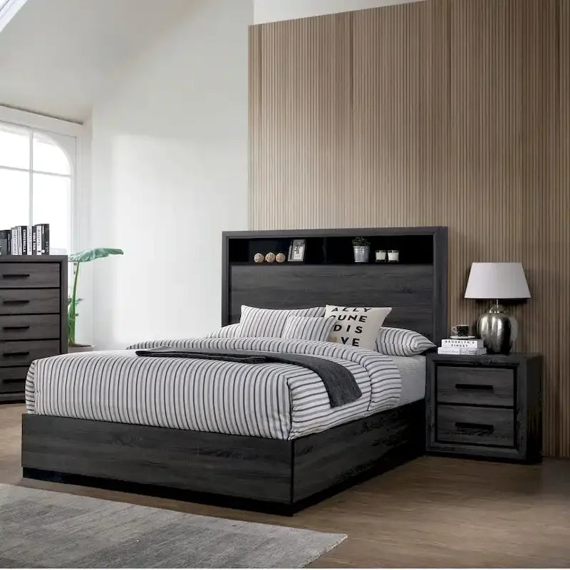 Ensemble de chambre à coucher 2 pièces Rothwell Contemporary gris et bois avec étagères par