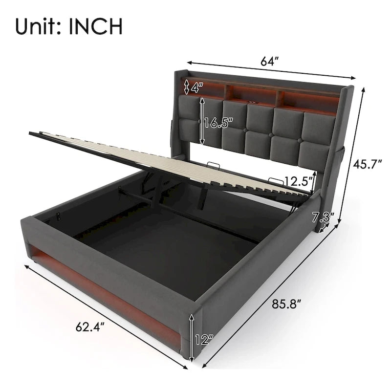 Lit plateforme rembourré Queen Size avec système de rangement hydraulique, LED et chargement USB, Gris (sans matelas)