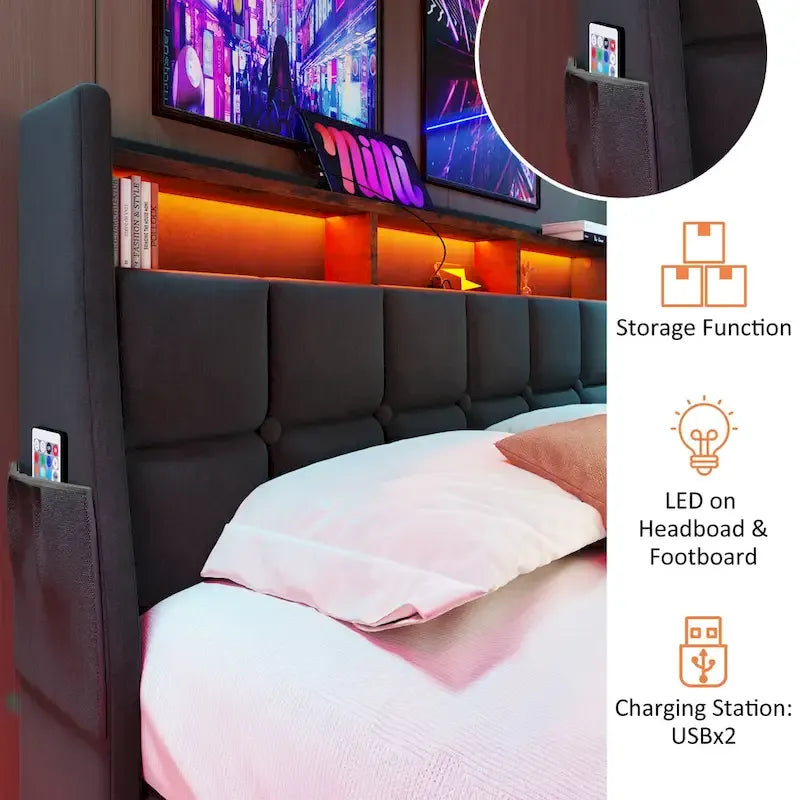 Lit plateforme rembourré Queen Size avec système de rangement hydraulique, LED et chargement USB, Gris (sans matelas)