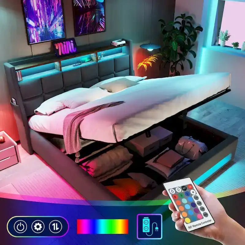 Lit plateforme rembourré Queen Size avec système de rangement hydraulique, LED et chargement USB, Gris (sans matelas)