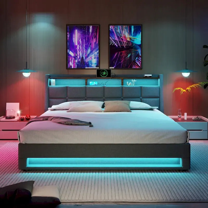 Lit plateforme rembourré Queen Size avec système de rangement hydraulique, LED et chargement USB, Gris (sans matelas)