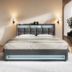 Lit plateforme rembourré Queen Size avec système de rangement hydraulique, LED et chargement USB, Gris (sans matelas)