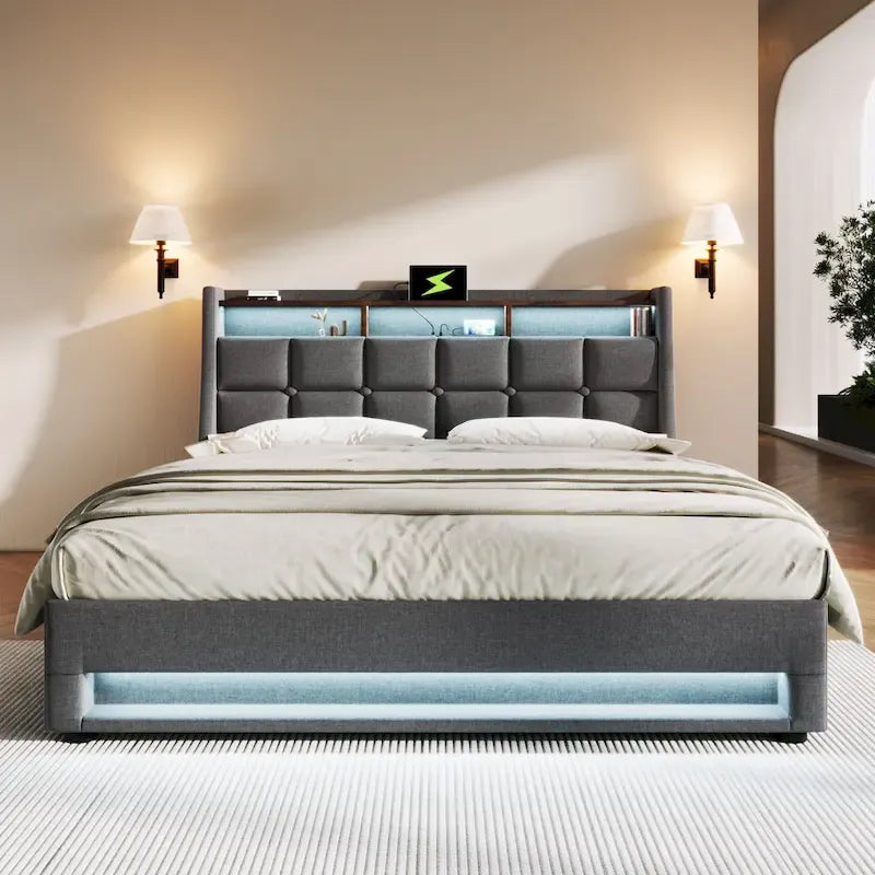 Lit plateforme rembourré Queen Size avec système de rangement hydraulique, LED et chargement USB, Gris (sans matelas)