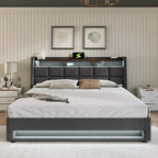 Lit plateforme rembourré Queen Size avec système de rangement hydraulique, LED et chargement USB, Gris (sans matelas)