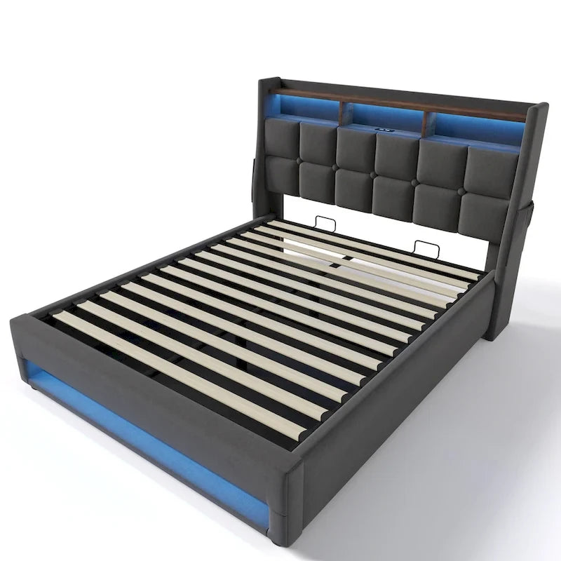 Lit plateforme rembourré Queen Size avec système de rangement hydraulique, LED et chargement USB, Gris (sans matelas)
