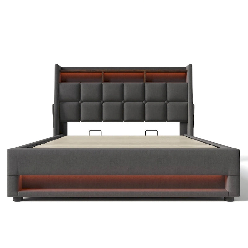 Lit plateforme rembourré Queen Size avec système de rangement hydraulique, LED et chargement USB, Gris (sans matelas)