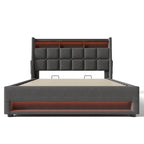 Lit plateforme rembourré Queen Size avec système de rangement hydraulique, LED et chargement USB, Gris (sans matelas)