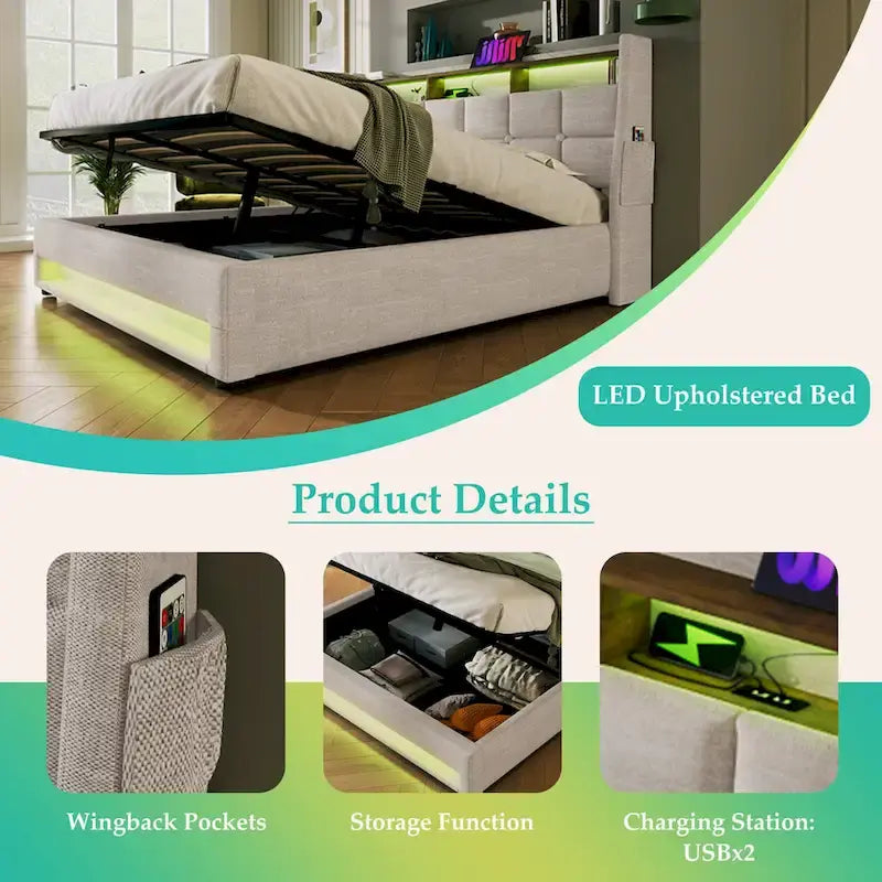 Lit plateforme rembourré Queen Size avec système de rangement hydraulique, LED et chargement USB, Gris (sans matelas)