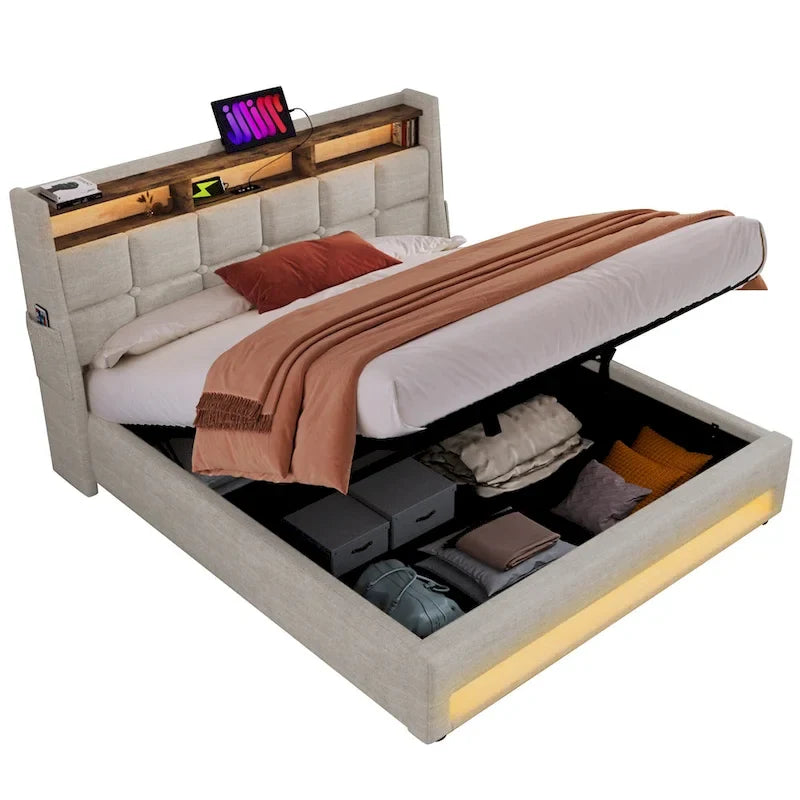Lit plateforme rembourré Queen Size avec système de rangement hydraulique, LED et chargement USB, Gris (sans matelas)