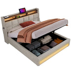 Lit plateforme rembourré Queen Size avec système de rangement hydraulique, LED et chargement USB, Gris (sans matelas)