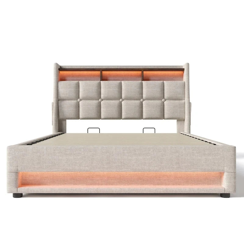 Lit plateforme rembourré Queen Size avec système de rangement hydraulique, LED et chargement USB, Gris (sans matelas)