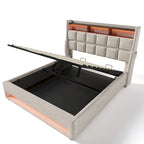 Lit plateforme rembourré Queen Size avec système de rangement hydraulique, LED et chargement USB, Gris (sans matelas)