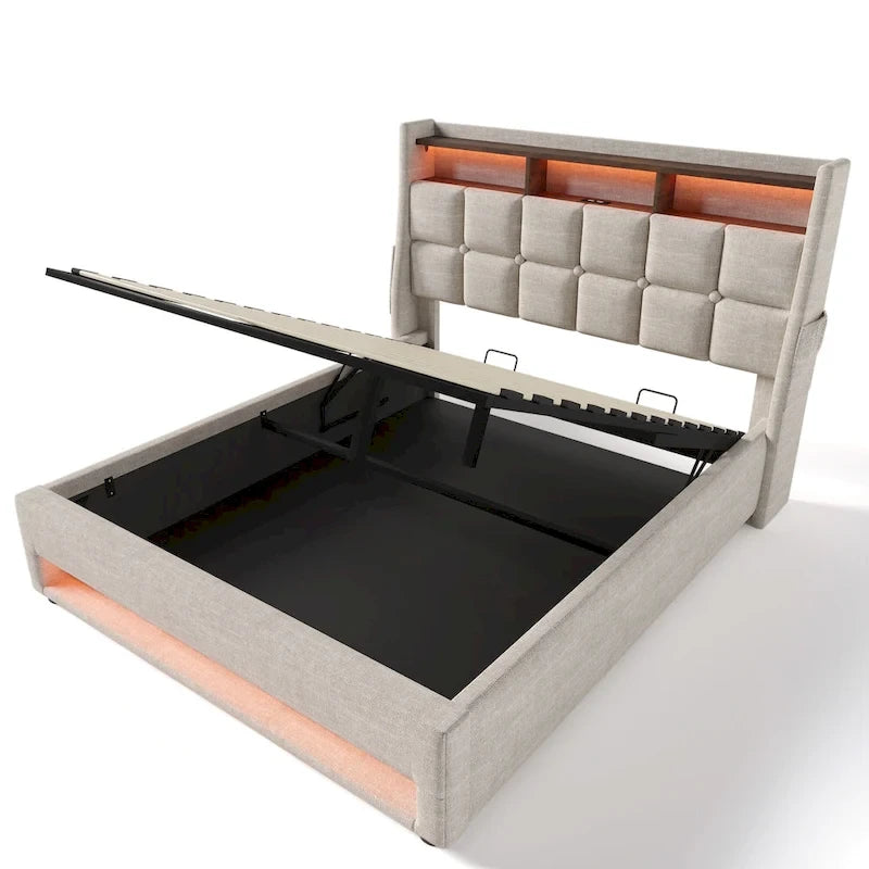Lit plateforme rembourré Queen Size avec système de rangement hydraulique, LED et chargement USB, Gris (sans matelas)