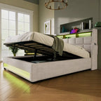 Lit plateforme rembourré Queen Size avec système de rangement hydraulique, LED et chargement USB, Gris (sans matelas)