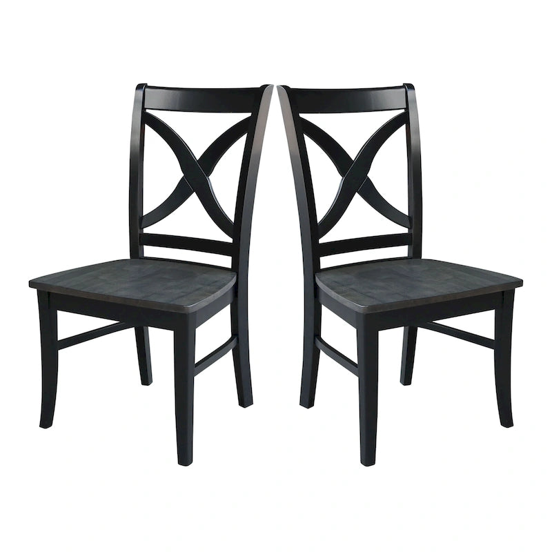 Chaises de salle à manger à dossier en X en bois massif, deux chaises par ensemble.