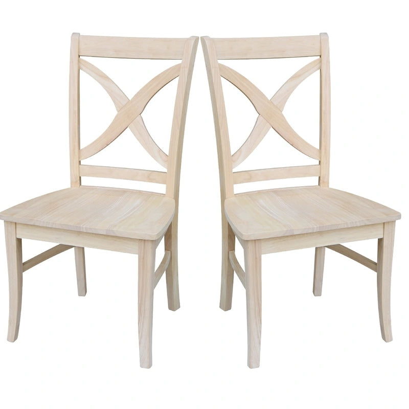 Chaises de salle à manger à dossier en X en bois massif, deux chaises par ensemble.