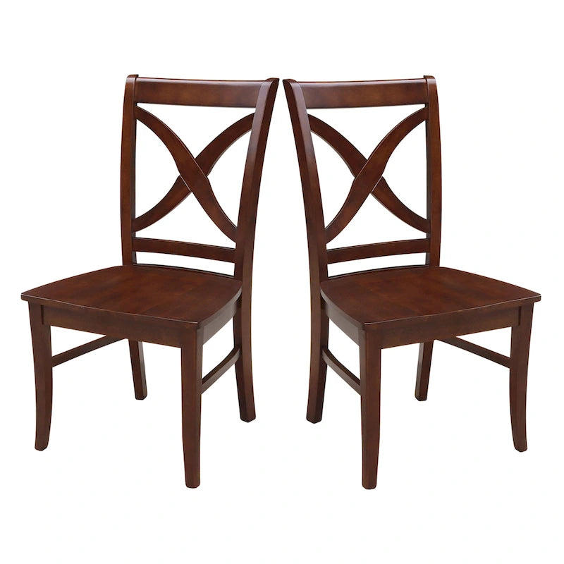 Chaises de salle à manger à dossier en X en bois massif, deux chaises par ensemble.