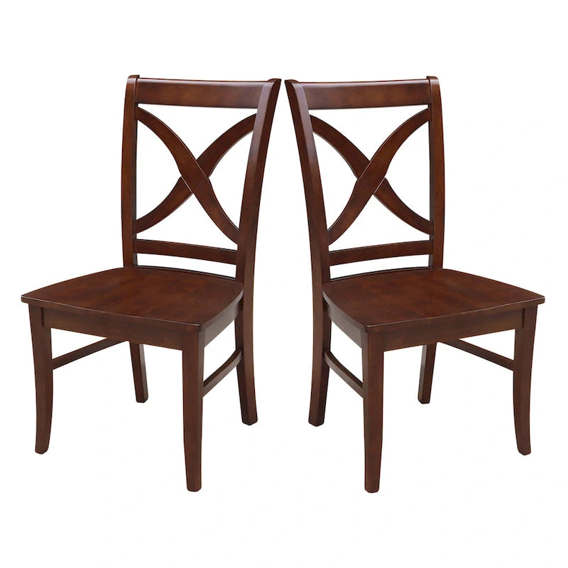 Chaises de salle à manger à dossier en X en bois massif, deux chaises par ensemble.
