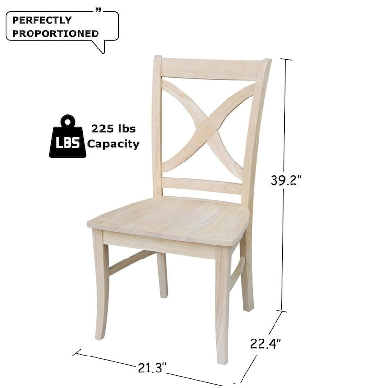 Chaises de salle à manger à dossier en X en bois massif, deux chaises par ensemble.