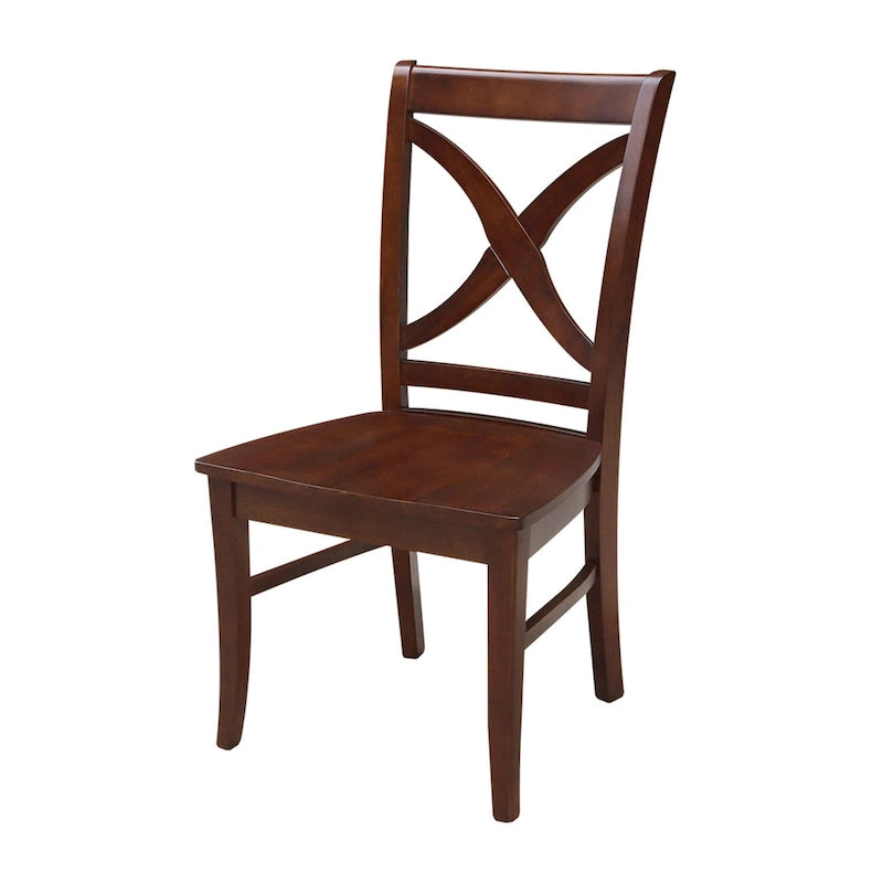 Chaises de salle à manger à dossier en X en bois massif, deux chaises par ensemble.