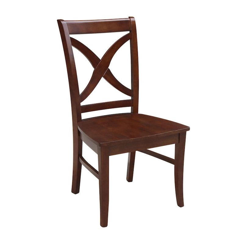 Chaises de salle à manger à dossier en X en bois massif, deux chaises par ensemble.