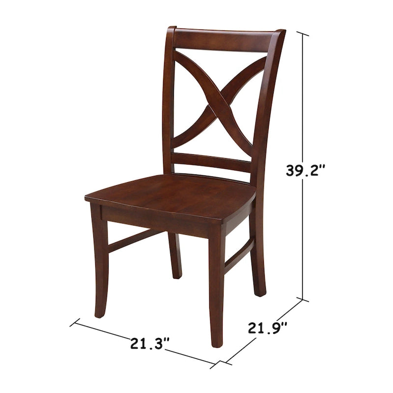 Chaises de salle à manger à dossier en X en bois massif, deux chaises par ensemble.