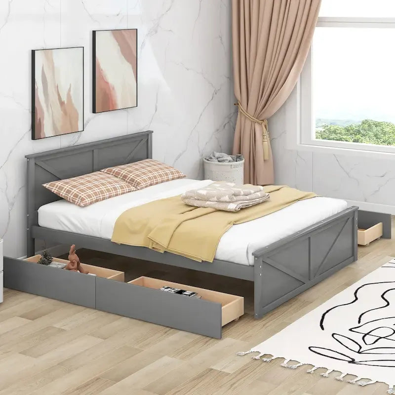 Lit Plateforme en Bois avec Quatre Tiroirs de Rangement et Pieds de Support
