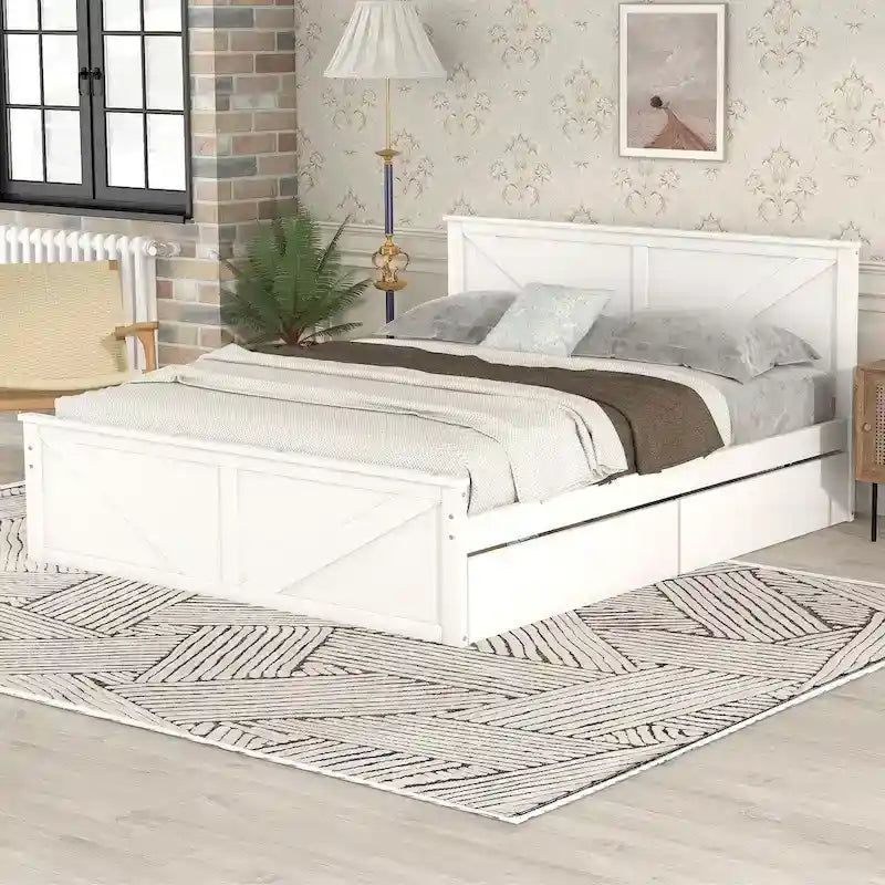 Lit Plateforme en Bois avec Quatre Tiroirs de Rangement et Pieds de Support