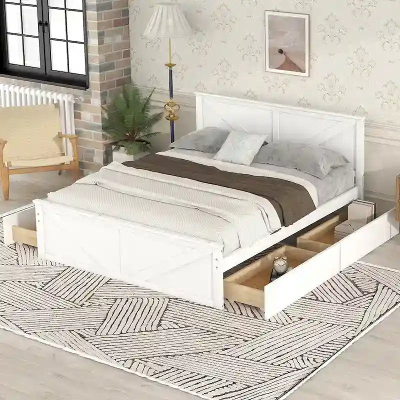 Lit Plateforme en Bois avec Quatre Tiroirs de Rangement et Pieds de Support