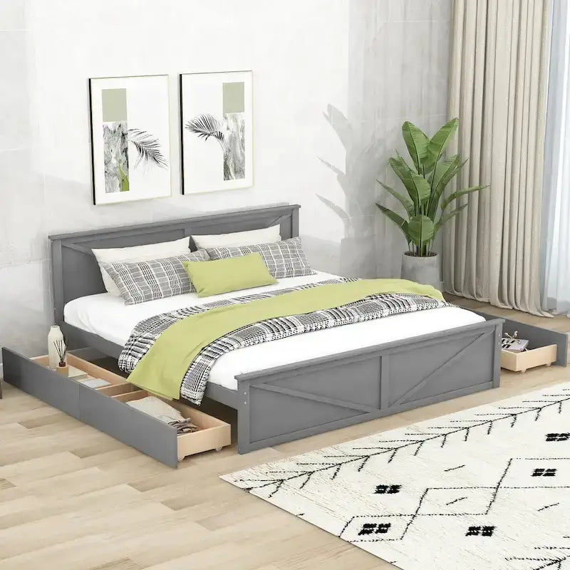 Lit Plateforme en Bois avec Quatre Tiroirs de Rangement et Pieds de Support