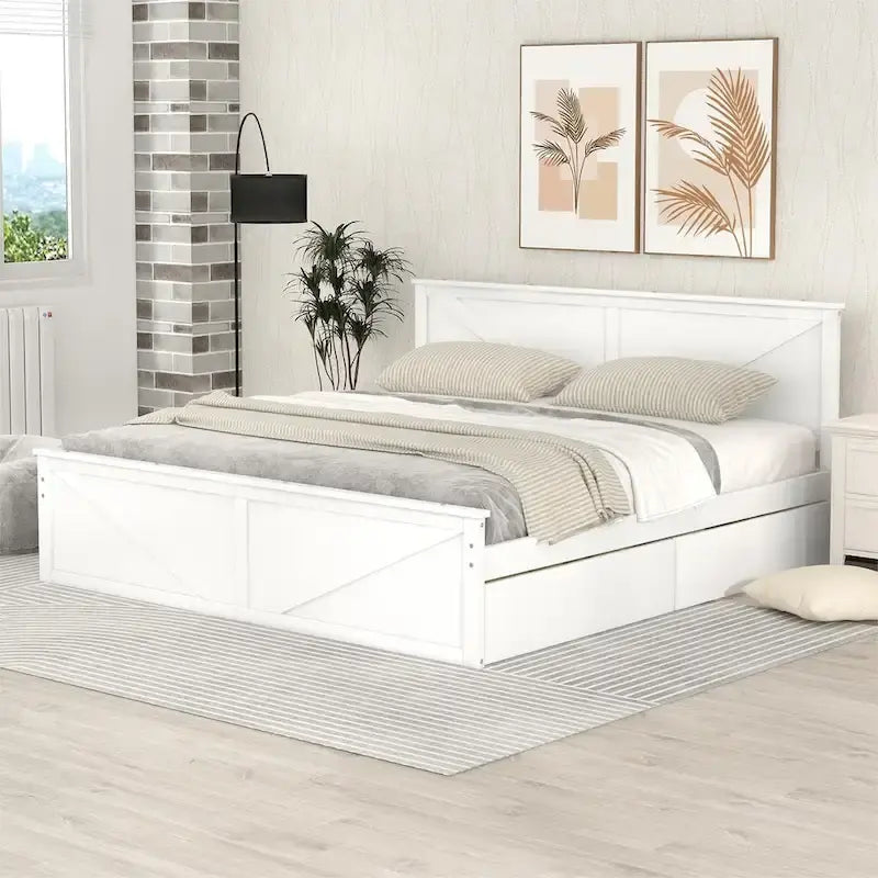 Lit Plateforme en Bois avec Quatre Tiroirs de Rangement et Pieds de Support