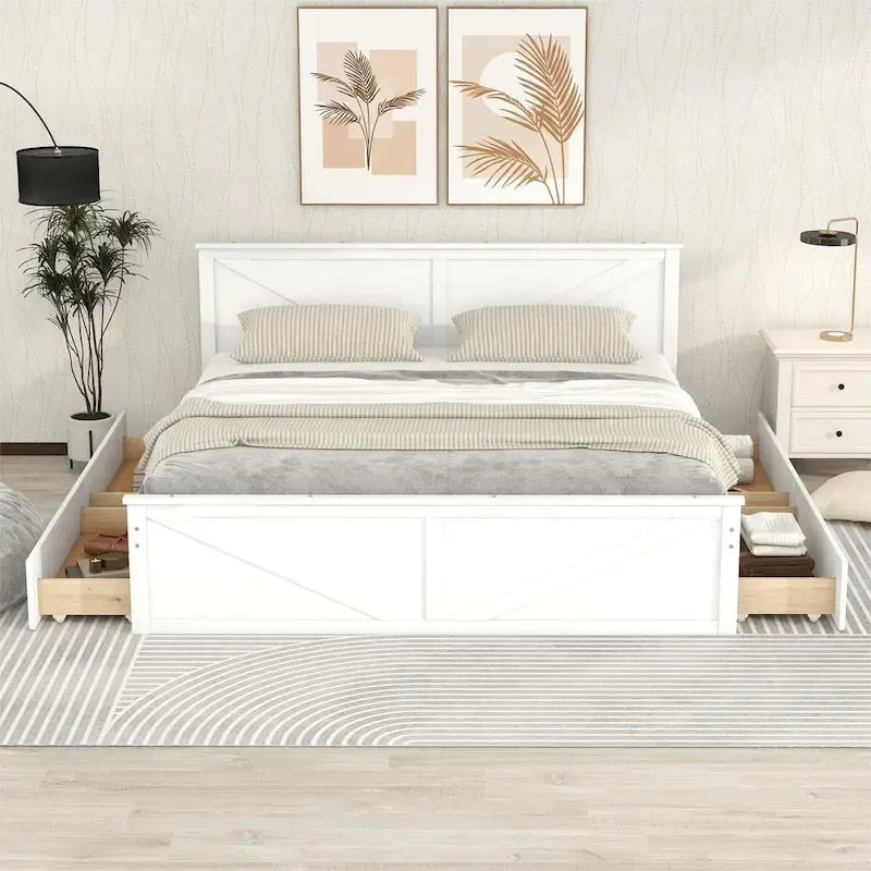 Lit Plateforme en Bois avec Quatre Tiroirs de Rangement et Pieds de Support