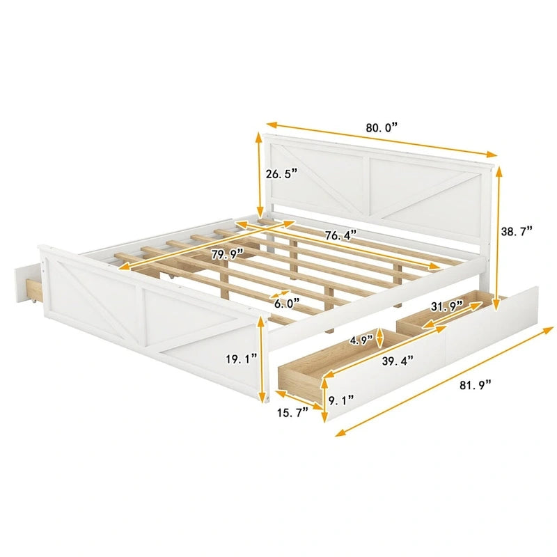 Lit Plateforme en Bois avec Quatre Tiroirs de Rangement et Pieds de Support
