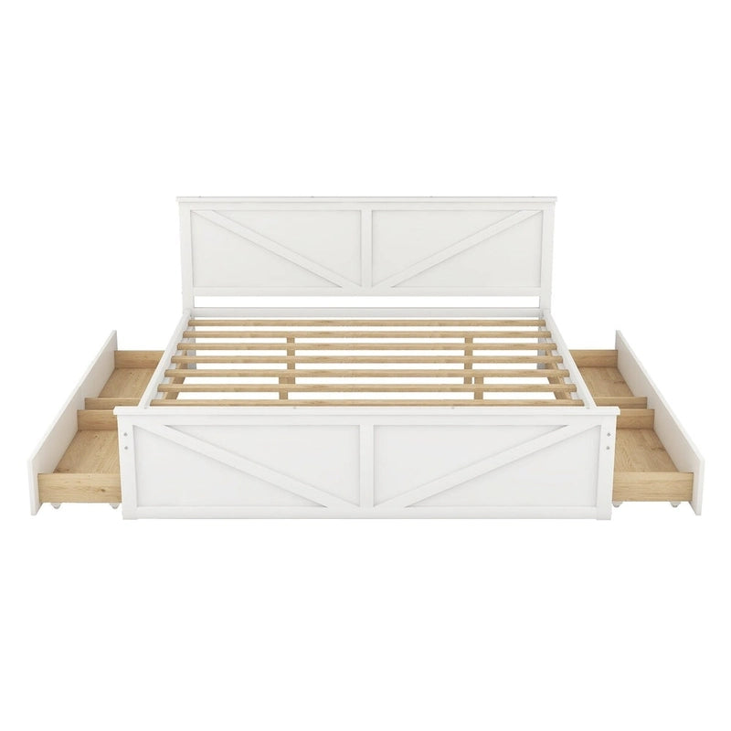 Lit Plateforme en Bois avec Quatre Tiroirs de Rangement et Pieds de Support