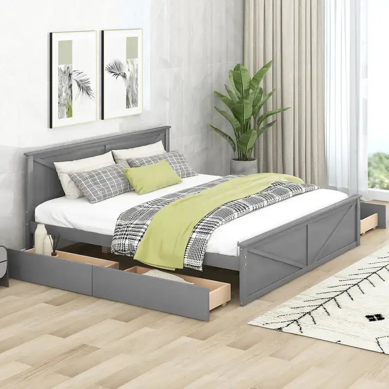 Lit Plateforme en Bois avec Quatre Tiroirs de Rangement et Pieds de Support