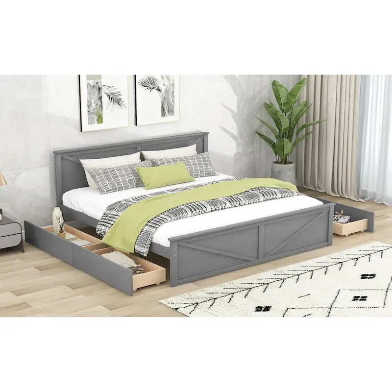 Lit Plateforme en Bois avec Quatre Tiroirs de Rangement et Pieds de Support