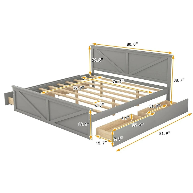 Lit Plateforme en Bois avec Quatre Tiroirs de Rangement et Pieds de Support