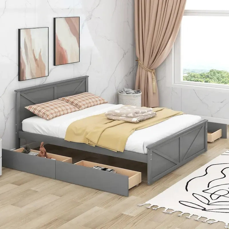 Lit Plateforme en Bois avec Quatre Tiroirs de Rangement et Pieds de Support