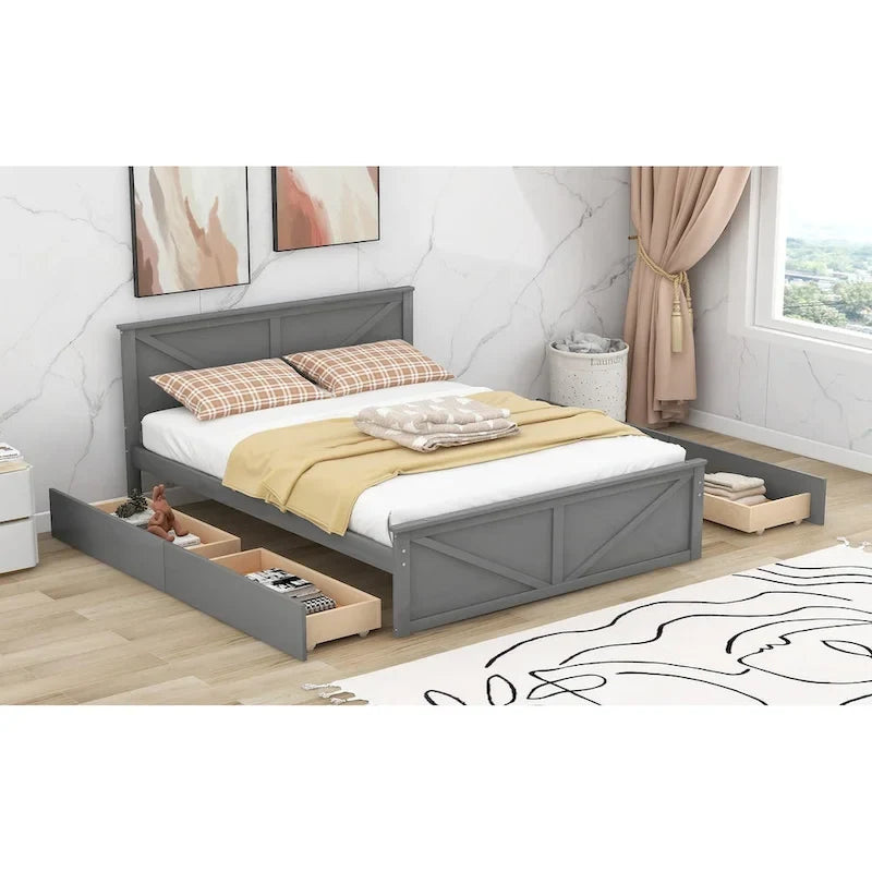Lit Plateforme en Bois avec Quatre Tiroirs de Rangement et Pieds de Support
