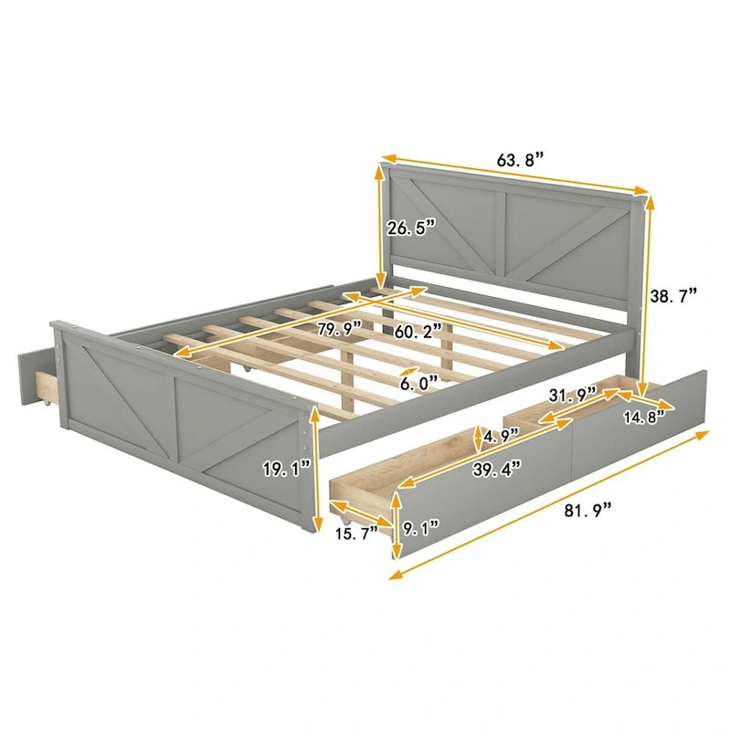 Lit Plateforme en Bois avec Quatre Tiroirs de Rangement et Pieds de Support