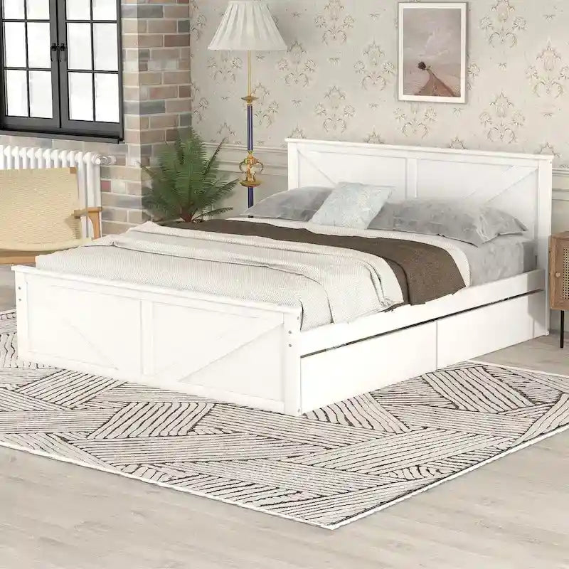 Lit Plateforme en Bois avec Quatre Tiroirs de Rangement et Pieds de Support