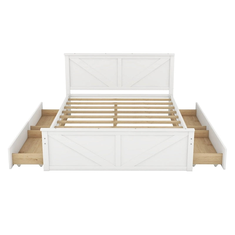 Lit Plateforme en Bois avec Quatre Tiroirs de Rangement et Pieds de Support