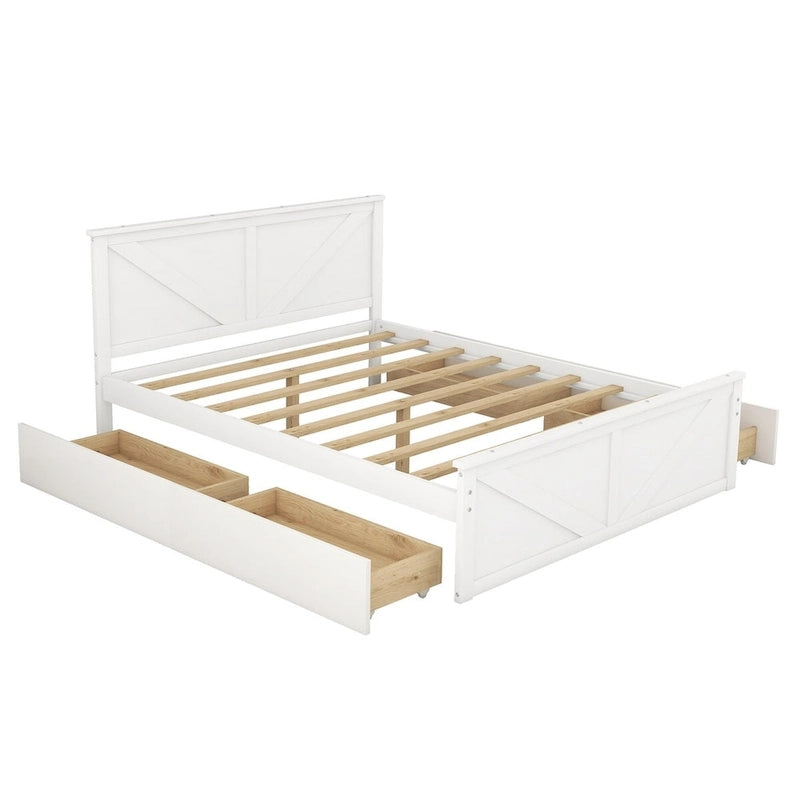 Lit Plateforme en Bois avec Quatre Tiroirs de Rangement et Pieds de Support